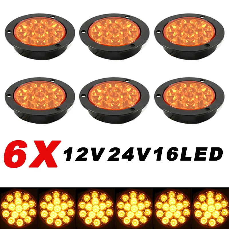 

6pcs 12V 24V 16 LED Universal Round Rear Tail Marker Lights Turn Signal Brake Stop Reverse Lamp for Car Truck Trailer Lorry Bus