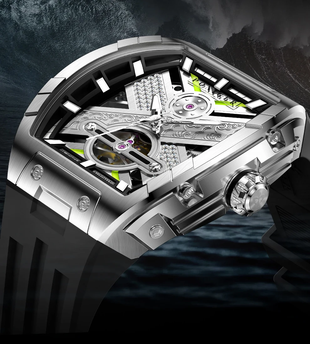 

Мужские автоматические часы PONIGER, 46 мм * 51 мм, механические наручные часы Tonneau, сапфировые, светящиеся, 5 атм, водонепроницаемые, скелетонизированный циферблат, резиновый ремешок