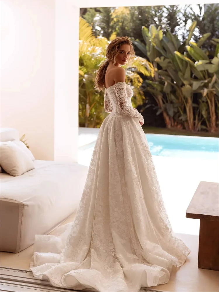 ชุดแต่งงานลูกไม้แขนยาวไข่มุก A-Line ชุดเจ้าสาวที่กําหนดเองปิดไหล่ Vestidos Novias Boda