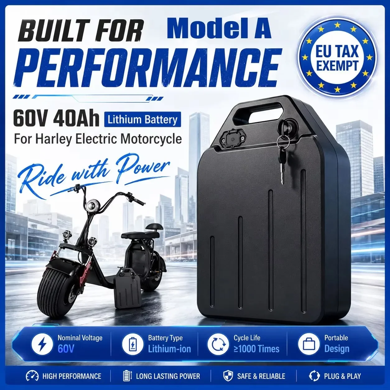 Für Harley Citycoco Elektromotorrad 60V 10Ah-40Ah wiederaufladbarer wasserdichter Lithium-Akku, 500W-2000W Motor + Ladegerät und BMS