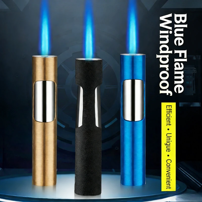 

Cylindrical Lighter Straight Jet Blue Flame Windproof Refillable Butane Metal Cool Trendy Personalized Men's Smoking Accessory