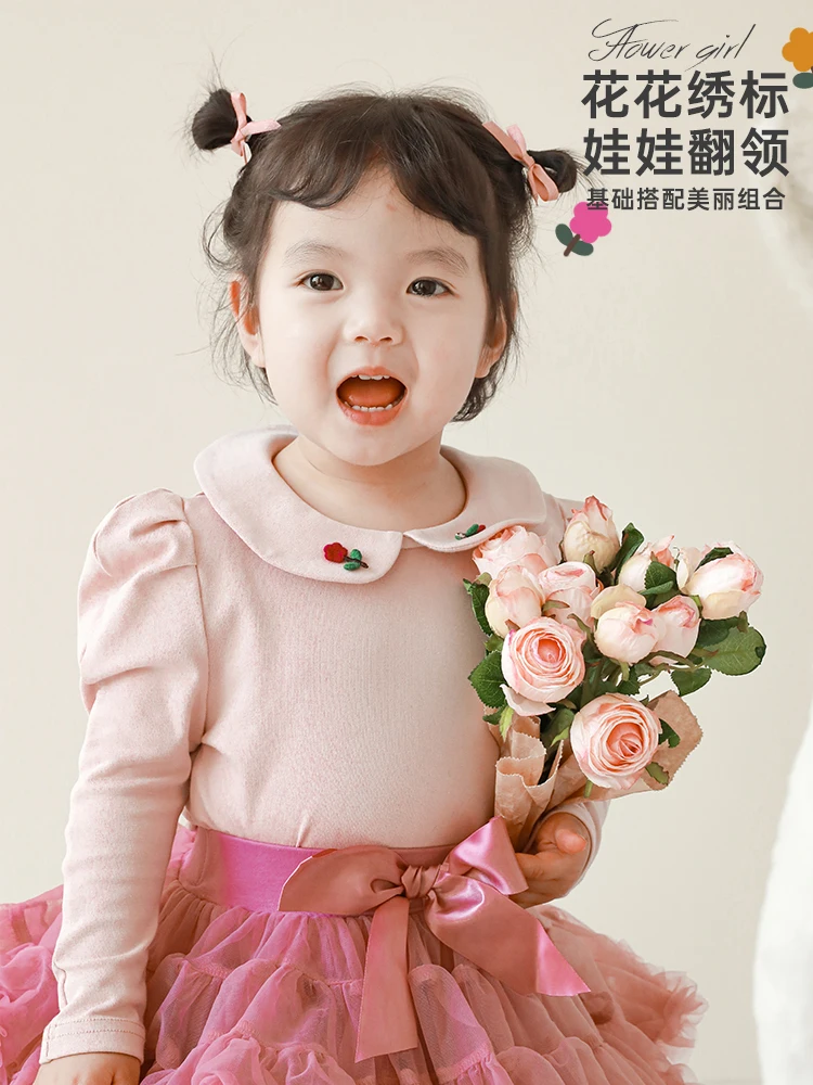 

Girls' T Shirt Spring Korean Children's Water Drop Button Long-sleeved Bubble Sleeve Lapel Top