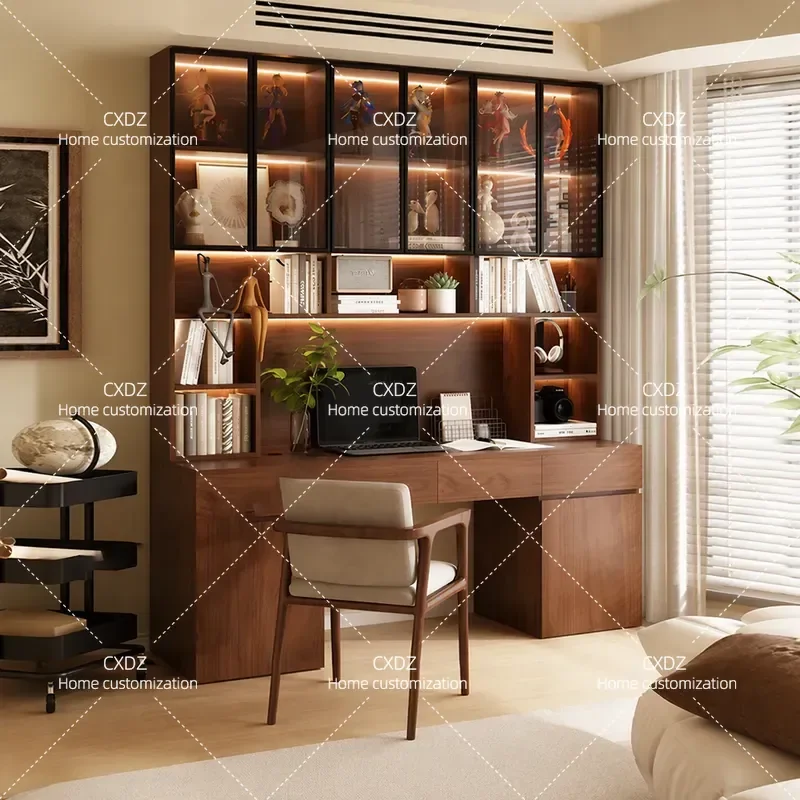 Solid Wood Oak Glass Bookshelf Integrated Bookcase Walnut Computer Desk for Small Apartment Learning Study Table Home Office