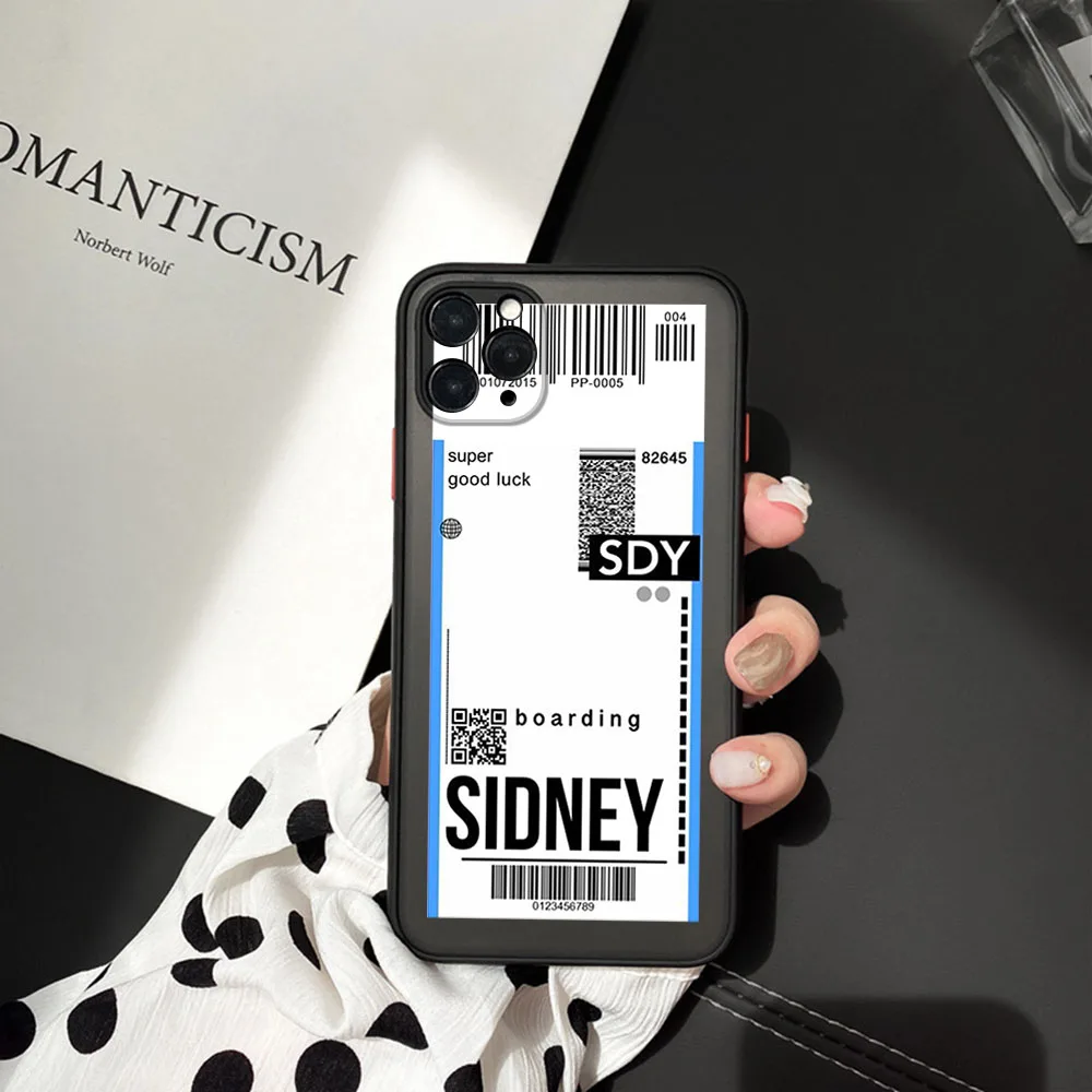 Frosted Translucent Phone Case For iPhone 16 15 14 Pro Max 7 8 Plus 11 12 13 Mini X XS SIDNEY UK Travel Ticket Label Black Cover