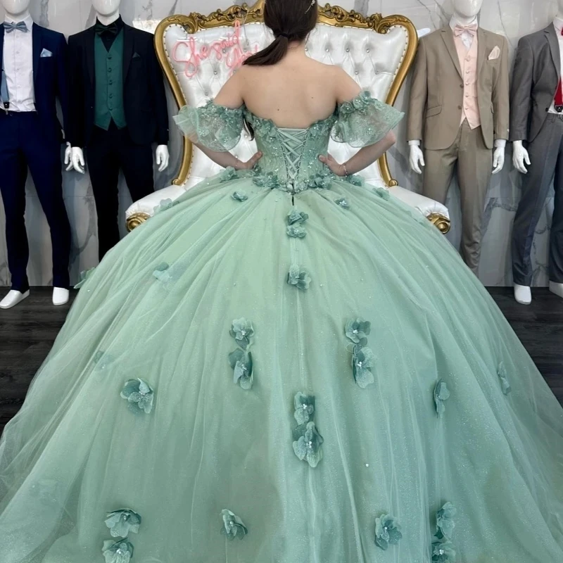 Hellgrüne vestido de xv años von der Schulter Quince anera Kleider 2024 süße 15 Ballkleider kurze Ärmel Blumen Festzug Kleid