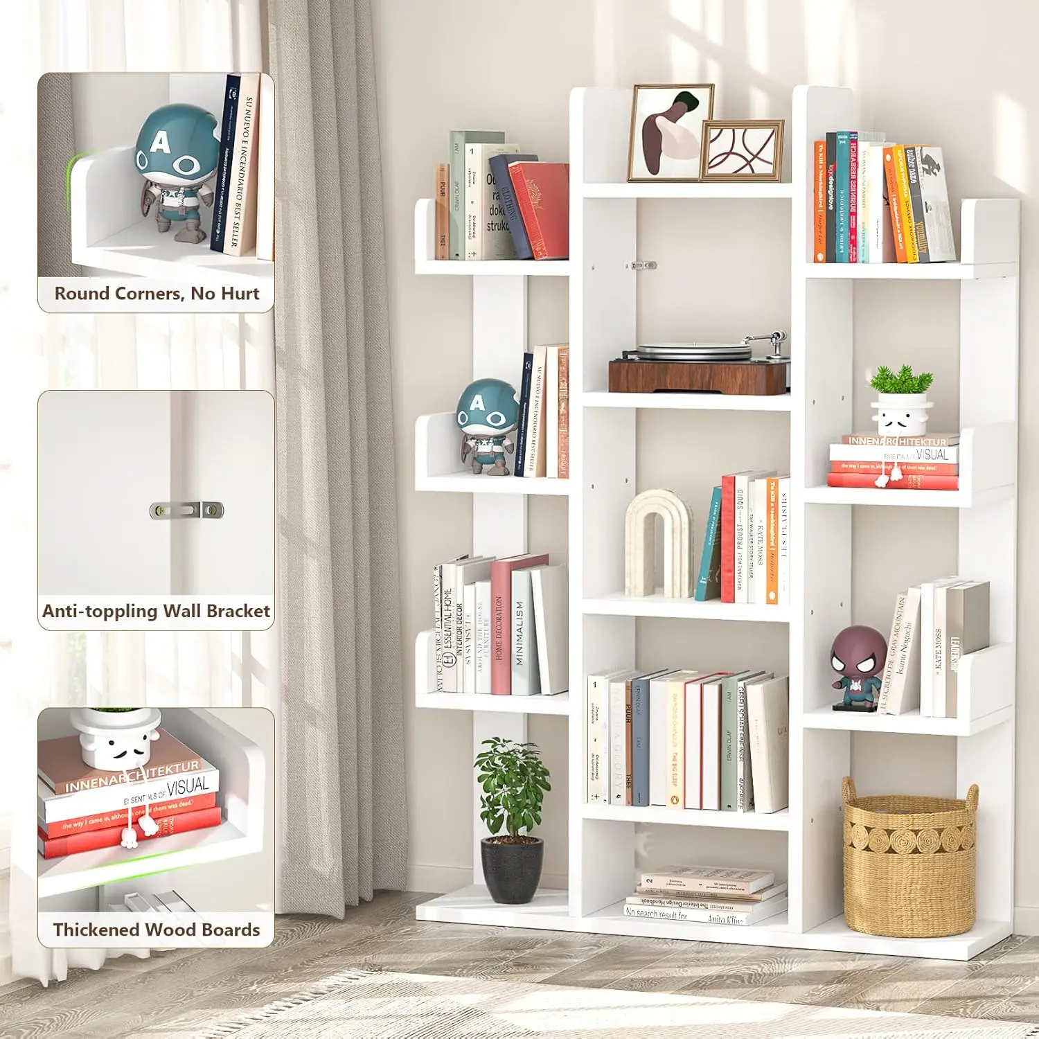 Bookshelf, Tree-Shaped Bookcase Storage Shelf with 13 compartments, Books Organizer Display Cube Shelves, White