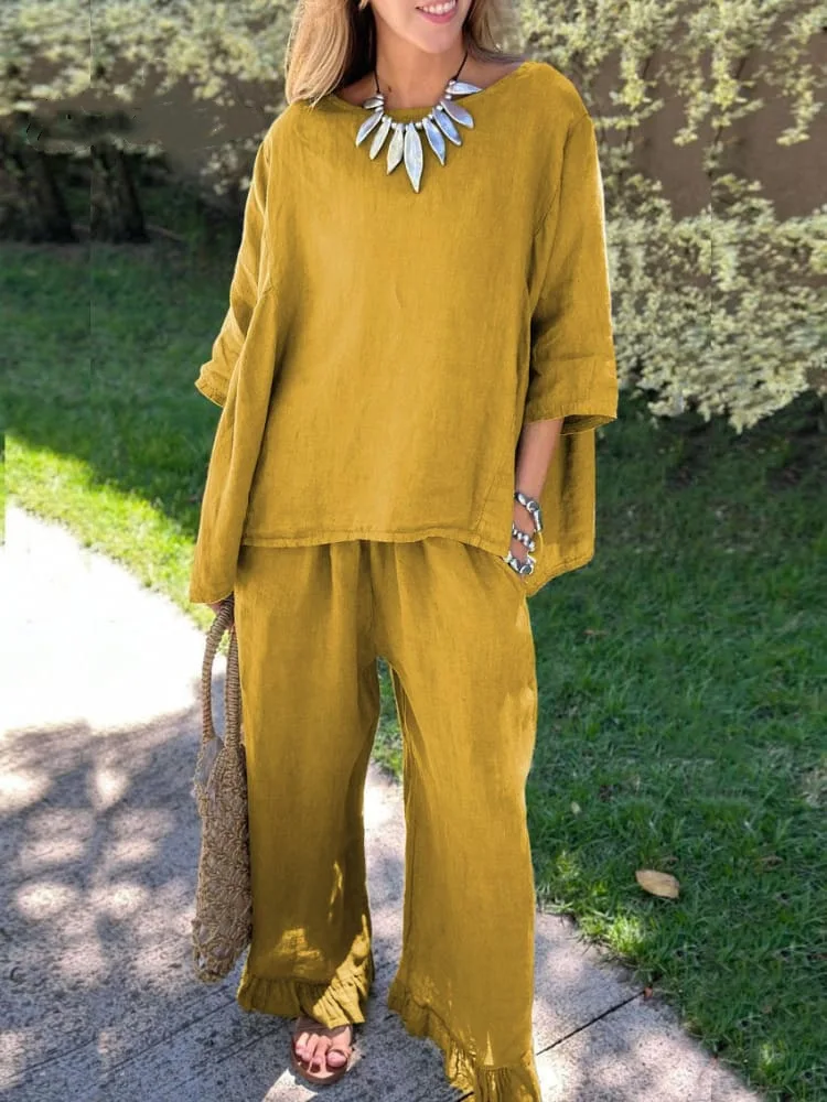 

Autumn Casual Cotton And Linen Women's Suits Fashionable Solid Color Round Neck Half Sleeve Loose Tops Comfortable Trousers Set