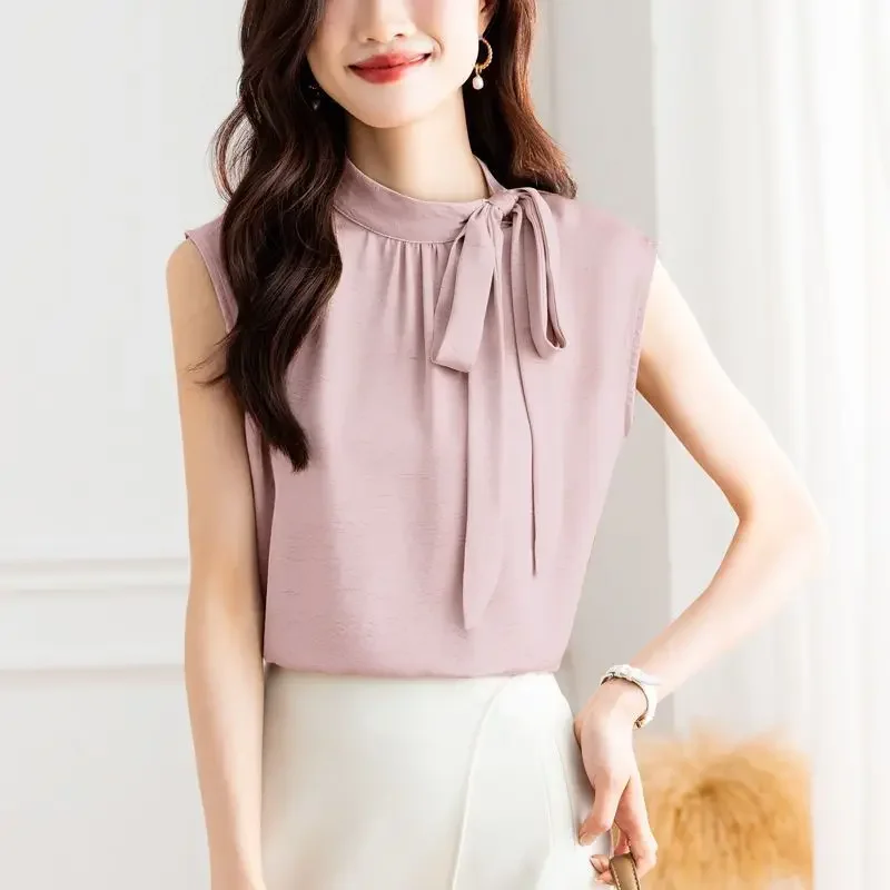 

Beautiful Chiffon Sleeveless Shirt Women Summer New Style Bow Blouse Halter Neck Vest Women Outer Top Women