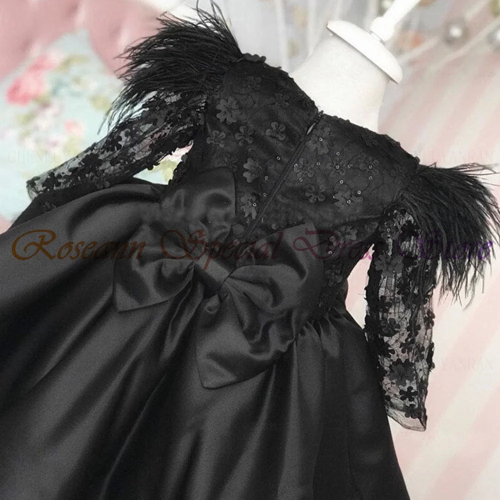 Black Satin Flower Girls Dresses 2023 Lace Bow Long Sleeves Cute Kid Wedding Party Dress Puffy A-Line Elegant Girl Princess Gown