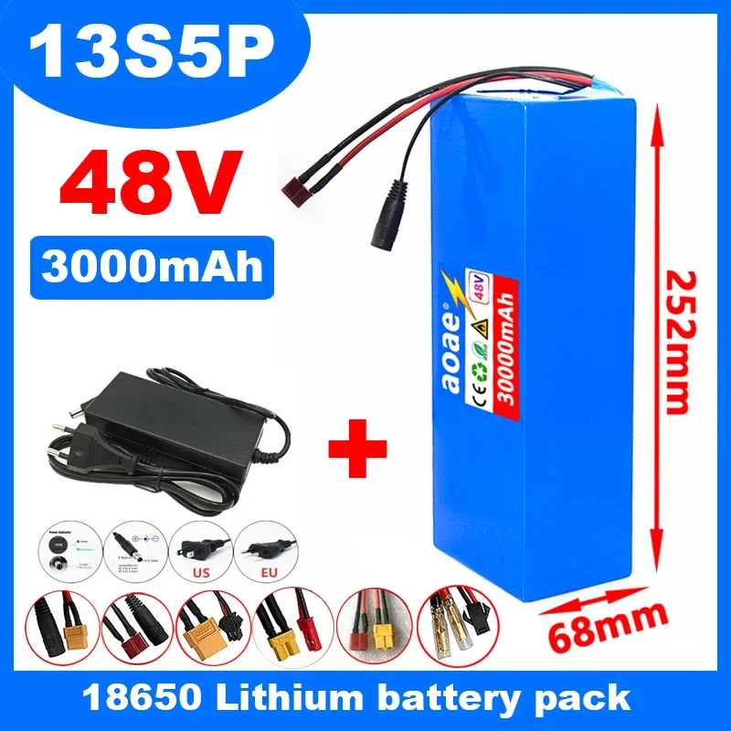 48V High Power 30000mAh Electric Bike 18650 Lithium Battery 13S5P 1000W Scooter Battery Pack 48V Electric Bike Battery +Charger