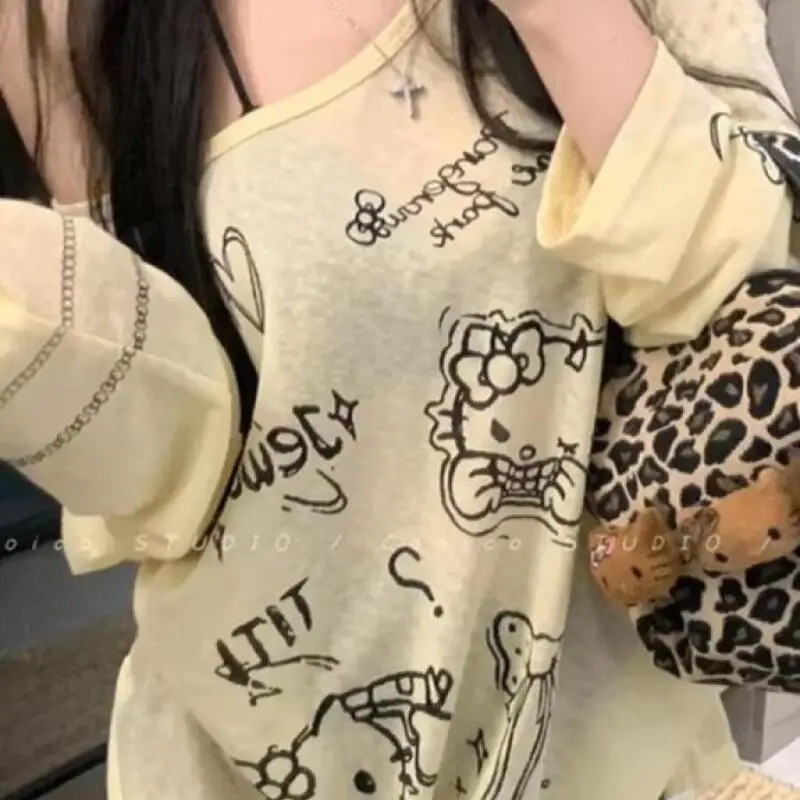 أنيمي مرحبا كيتي امرأة ملابس الشباب النساء الشمس حماية الكرتون طويلة الأكمام تي شيرت لطيف نمط بلايز الخريف الملابس النسائية