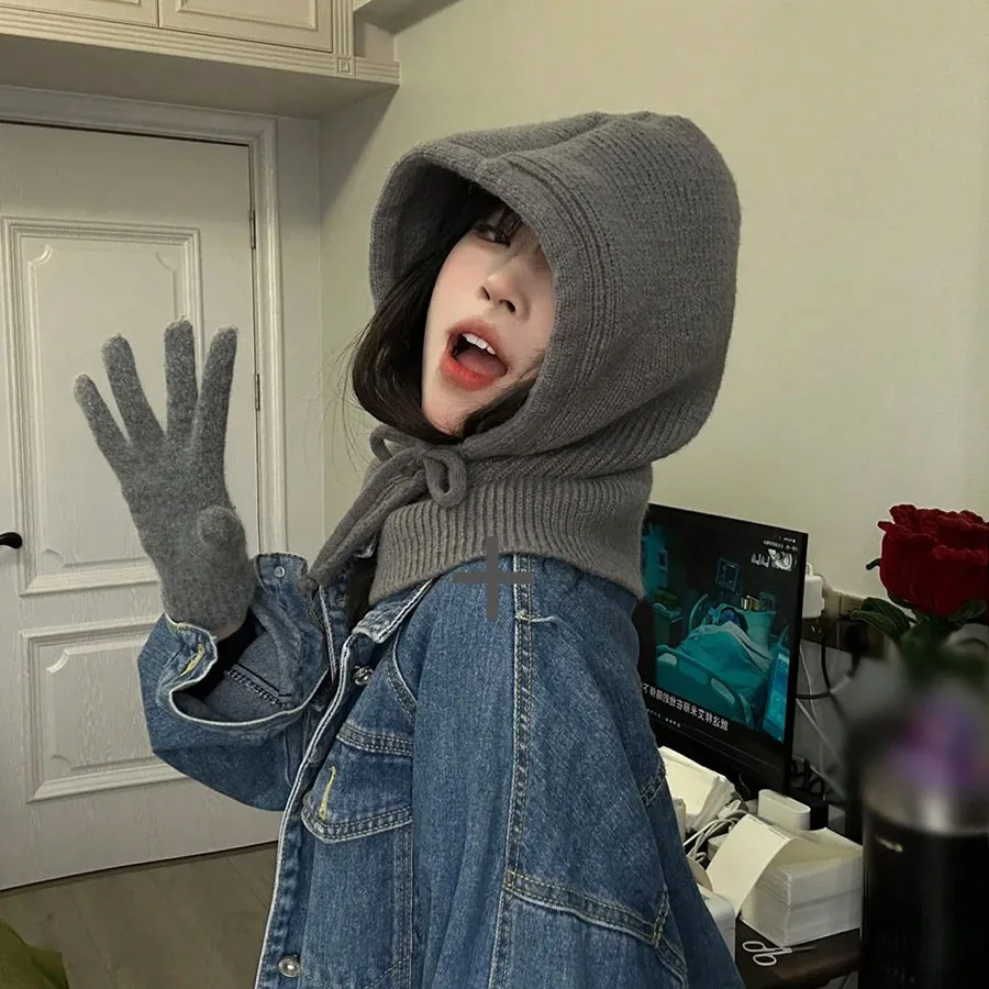 Y2K Korean Fashion Button Hood Knit Hat Scarf Integrated Soft Warm Balaclava Beanie Cap for Girls Daily Streetwear