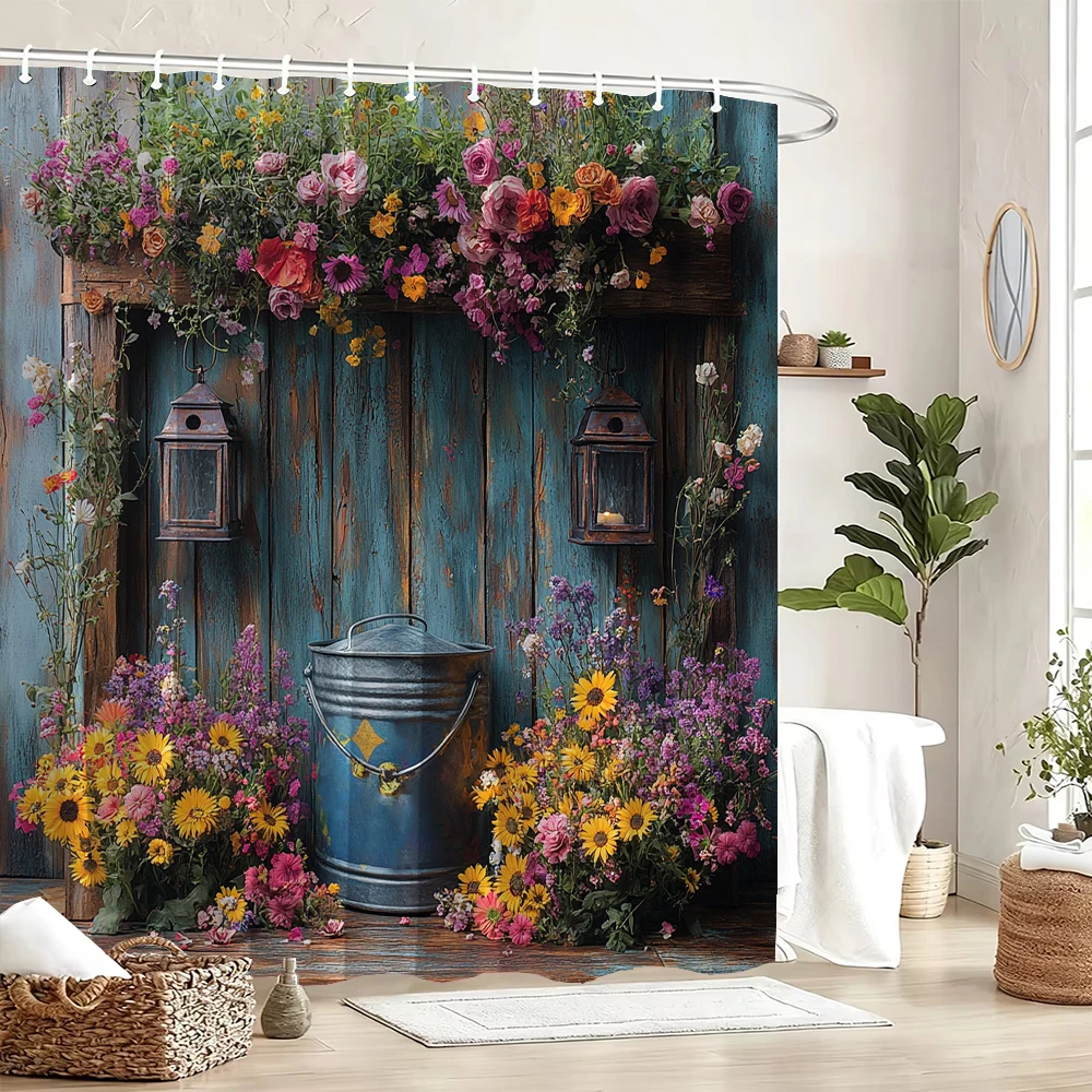 Outdoor Garden Poster Shower Curtain Vintage Window Wall Growing Floral Plants Polyester Fabric Shower Curtains Bathroom Decor