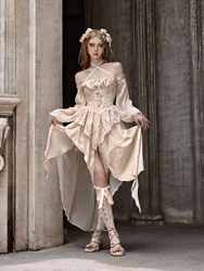 Blood Supply Original Fairy Classical Court Dresses Gold Chiffon Slash Halter Neck Off-shoulder Balloon Sleeve Asymmetric Dress