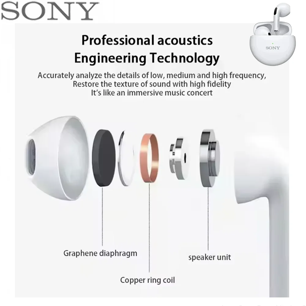S ONY Pro6 TWS Bluetooth Earphone 9D Stereo Wireless Headphone In-Ear HiFi Earbud HandsFree Headset With Microphone For iOS
