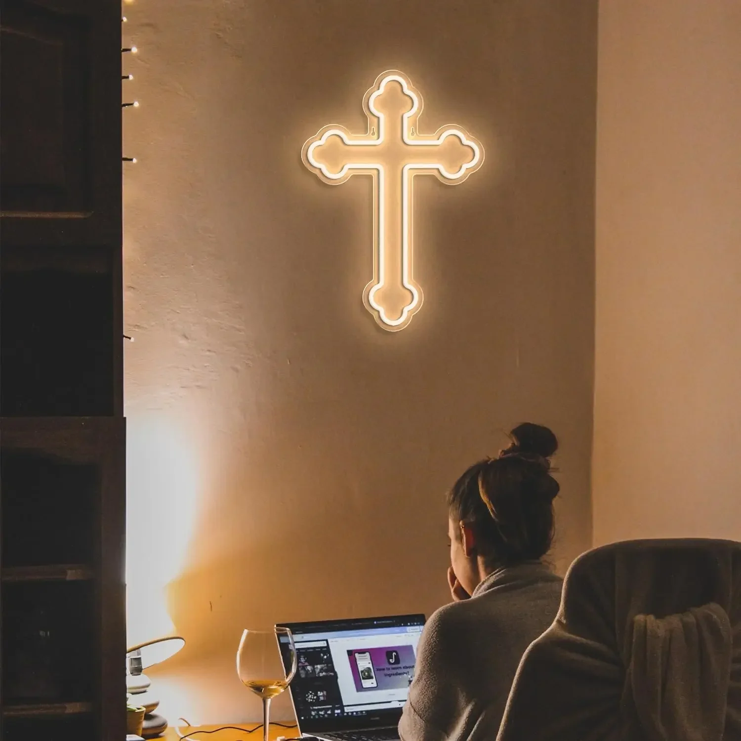 USB Dimmable White Glow Neon Cross Sign LED Wall Art for Home Church Prayer Room Decor Spiritual Symbol of Faith Unique Gift