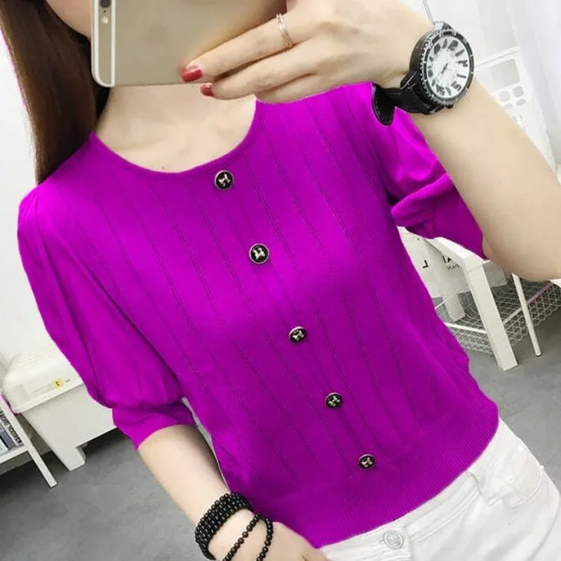 French Style Commuter Temperament Ice Silk Knitted Half-sleeved T-shirt 2024 New Round Neck Lantern Sleeve Button-up Top