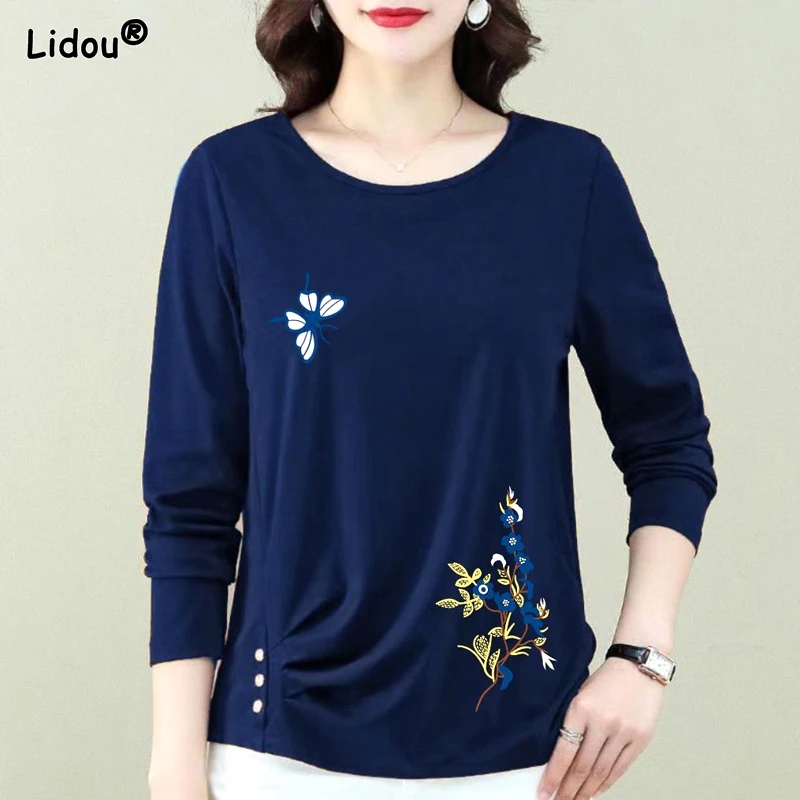 

2023 New Spring and Autumn Fashionable Versatile Round Neck Printed Panel Button Long Sleeve Loose Casual Women's T-shirt