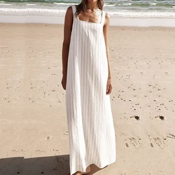 New Casual Square Collar Sexy One-shoulder Long Dress Fashion Striped Straps Beach Boho Dress Elegant Women Loose Sundress