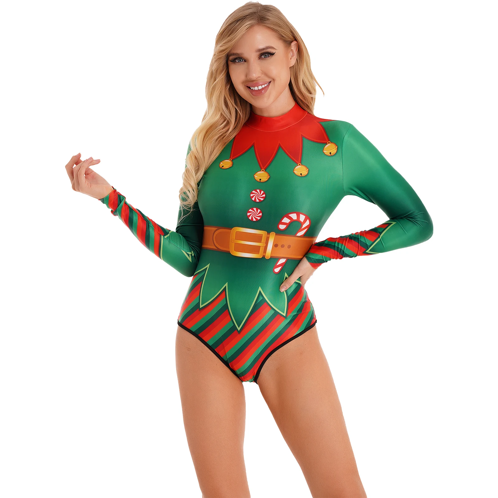 Women Christmas One-piece Bodysuit Swimsuit Long Sleeve 3D Xmas Style Print Jumpsuit Swimwear Pool Party Bathing Suit Beachwear