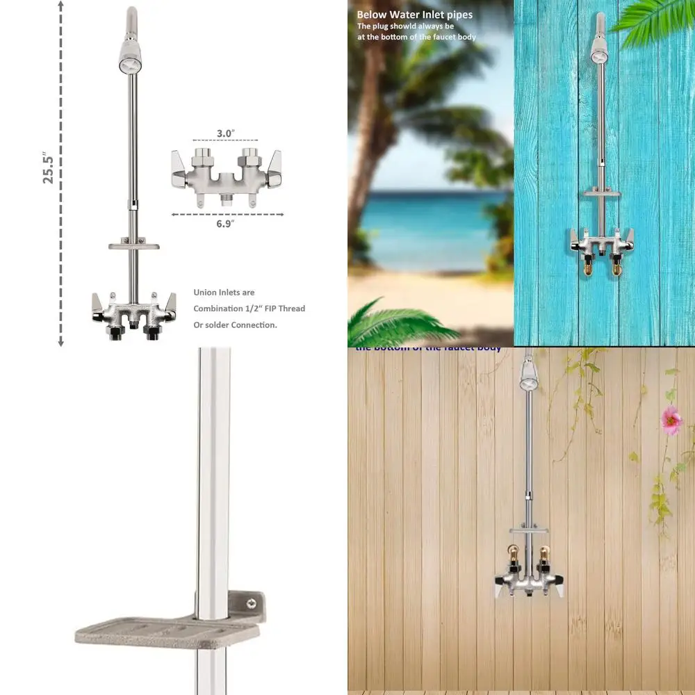 

Rust-Resistant Outdoor Shower System with Extendable Riser, Double Handle Faucet, Showerhead, and Soap Dish in Polished Chrome F