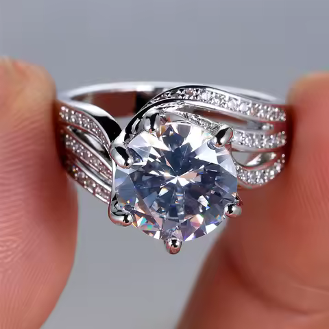 Female Luxury Big Round Zircon Stone Engagement Ring Trendy Large Silver Color Bride Wedding Jewelry Gift For Women