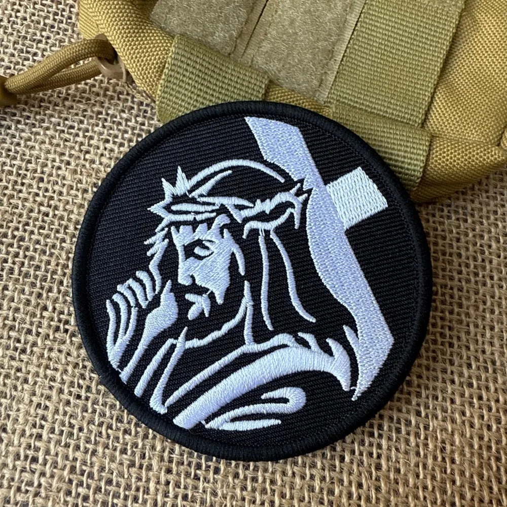 Jesus Christ Cross Round Embroidery Tactical Patch Hook Loop Religious Faith Morale Badge Outdoor Camping Backpack Hat Patch