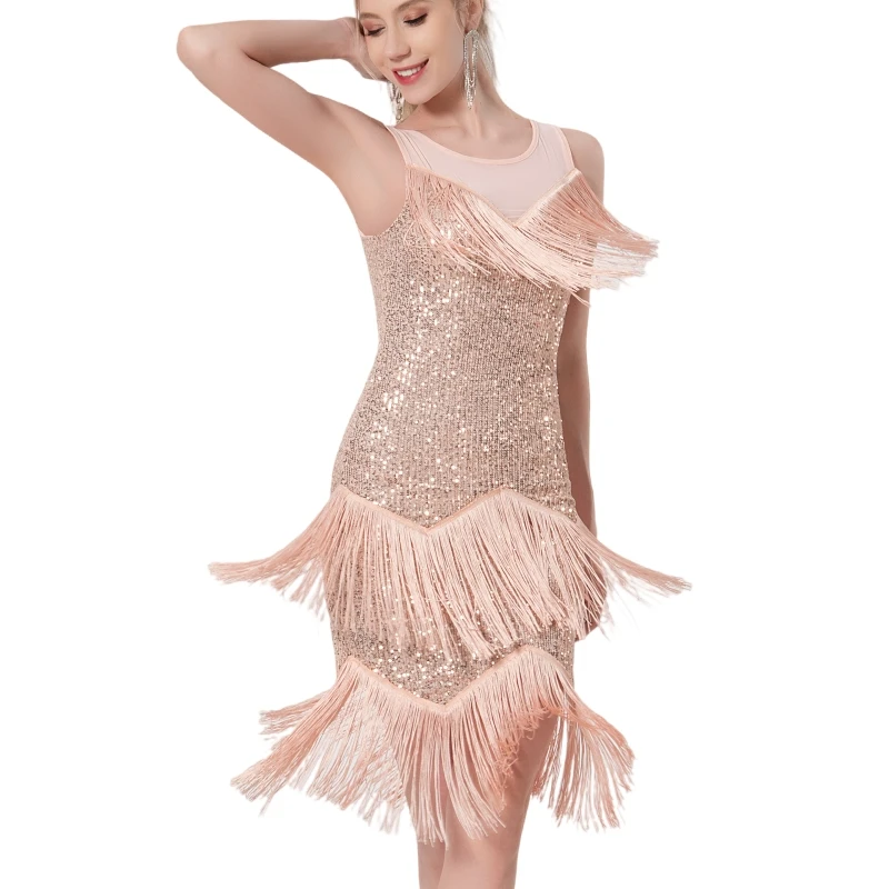 Rose Gold Jewel Neck 1920s Gatsby Dress with Fringe Sexy Sleeveless Mesh Sequined Knee Length Party Dress