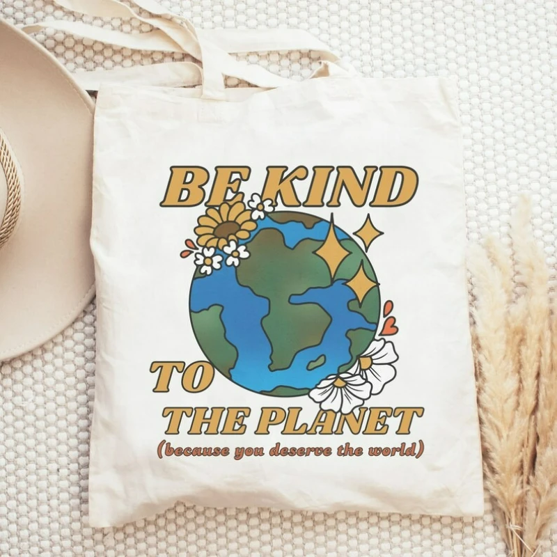 

Be Kind To The Earth Slogan Canvas Bag Durable Reusable Canvas Shopping Bag Eco Friendly Motivational Slogan Print Protect Earth