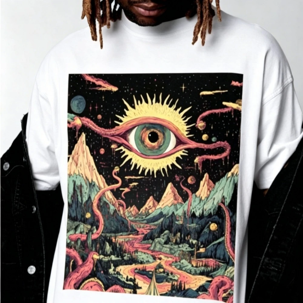 Watcher of Realms T-Shirt Psychedelic Apparel Surreal Cosmic Eye Landscape Trippy Tentacle Sky Women Y2K Graphic Tops
