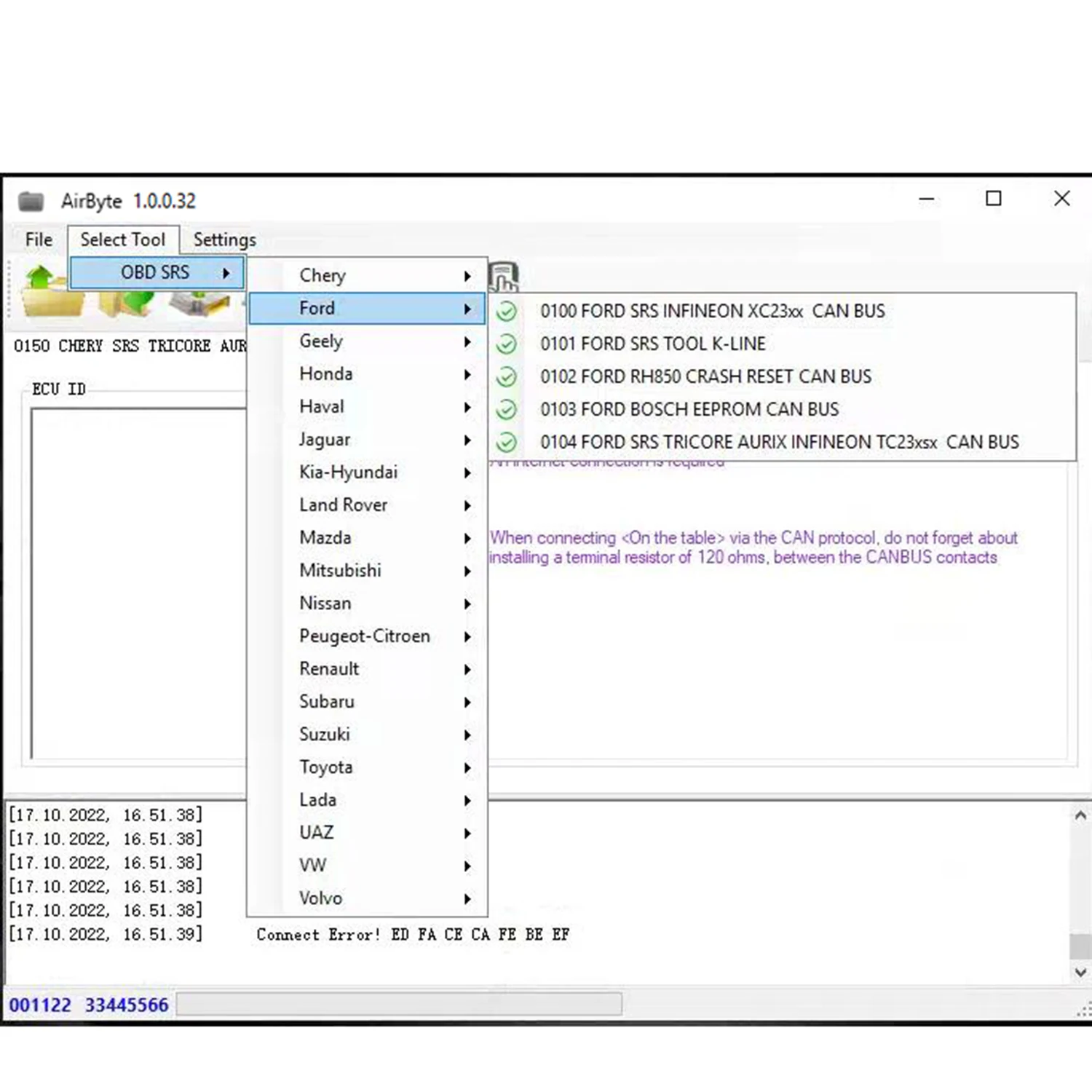 Airbag Reset AirByte 1.0.0.32 for SRS ECU CAN BUS K-LINE Crash Data Reser with Chipsoft J2534 Pro VCI USB OBD2 Scanner Tool Test