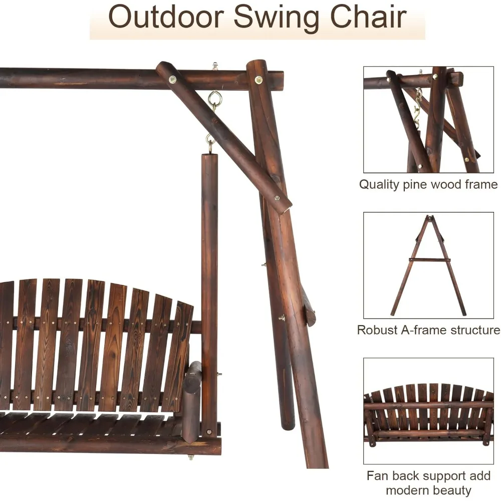 Patio Porch Swing Set, 67 Inch Wood Log Swing Rack with Bench Love Seat Stable A-Frame for Patio Backyard Deck