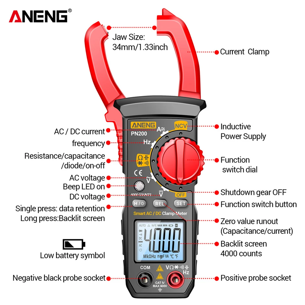 ANENG PN200 Digital Clamp Meter DC/AC 600A Current 4000 Counts Multimeter Ammeter Voltage Tester Car Hz Capacitance NCV Ohm Test