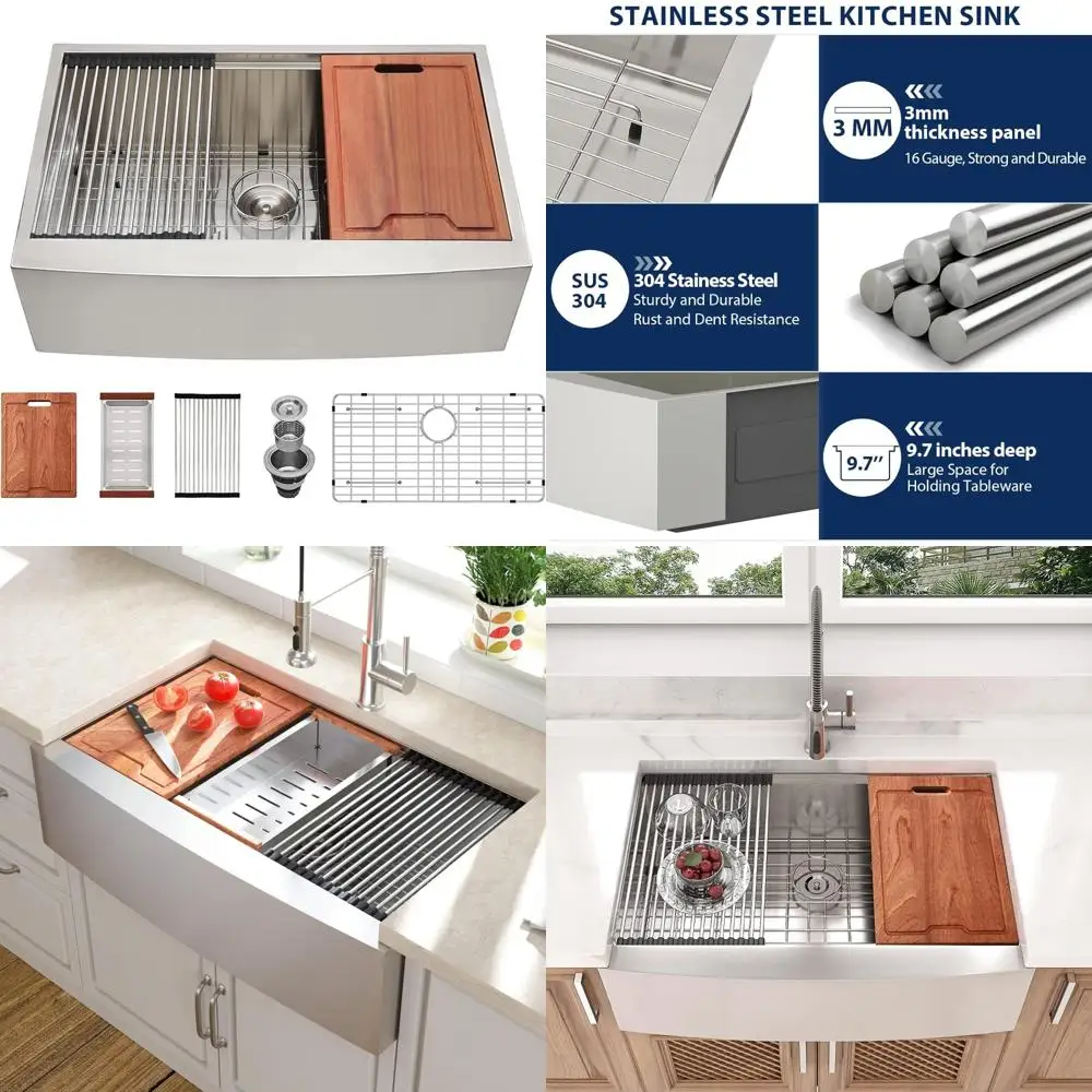 

Stainless Steel Apron Front Farmhouse Sink, 33 Deep Single Bowl, 16 Gauge, Kitchen Workstation