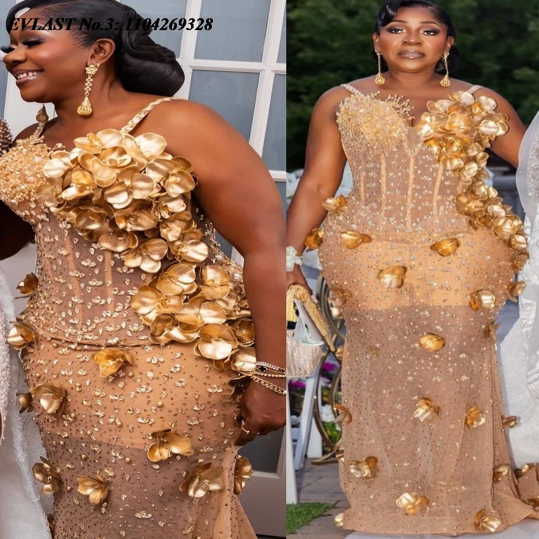 

EVLAST Customized Gold Mermaid Prom Dresses 2026 Flowers Crystals Evening Party Engagement Gowns For Special Occasion E3P382