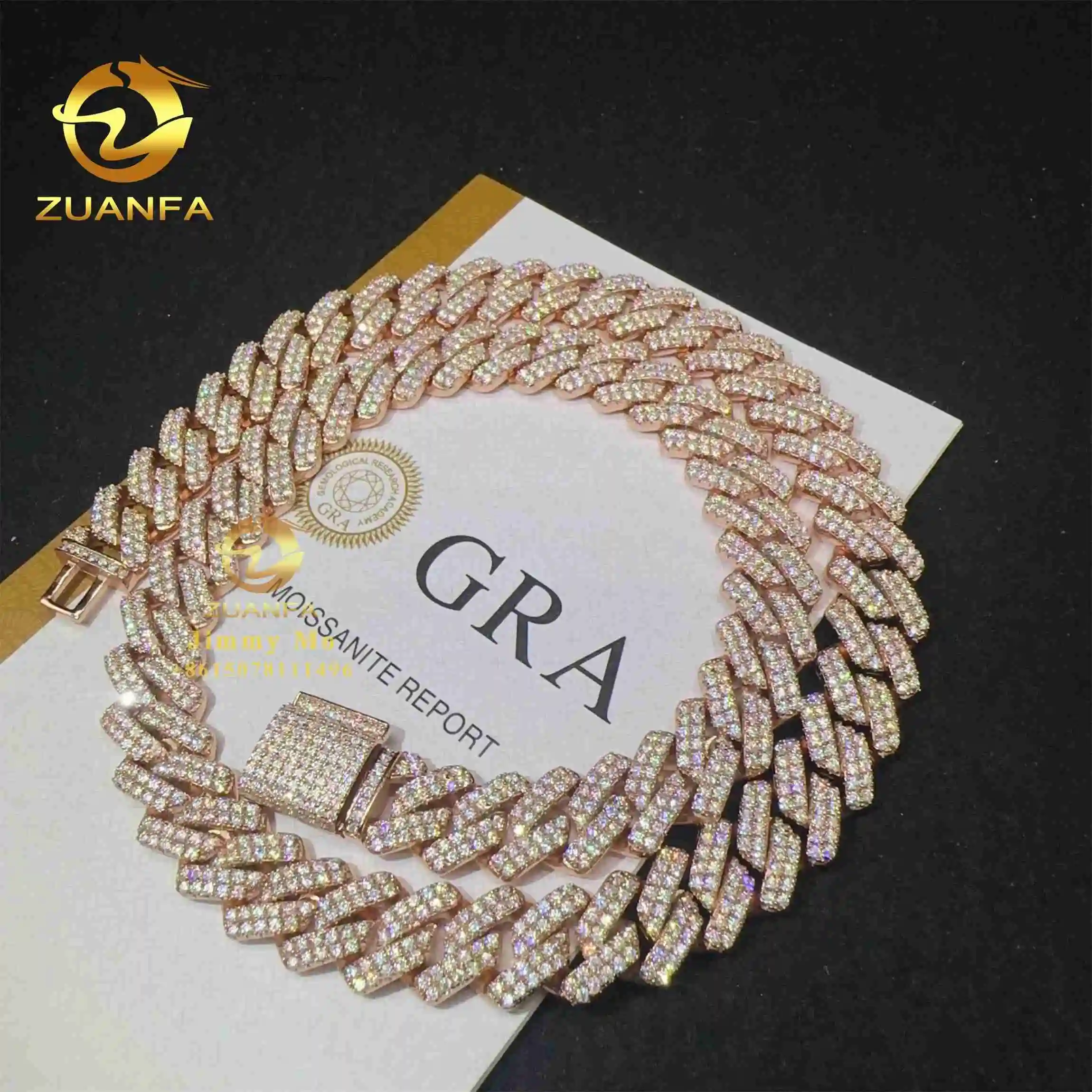 Verified GRA 14mm Rose Gold Plated 925 Solid Silver Hip Hop Luxury Jewelry Iced Out D VVS Moissanite Diamond Miami Cuban Link..