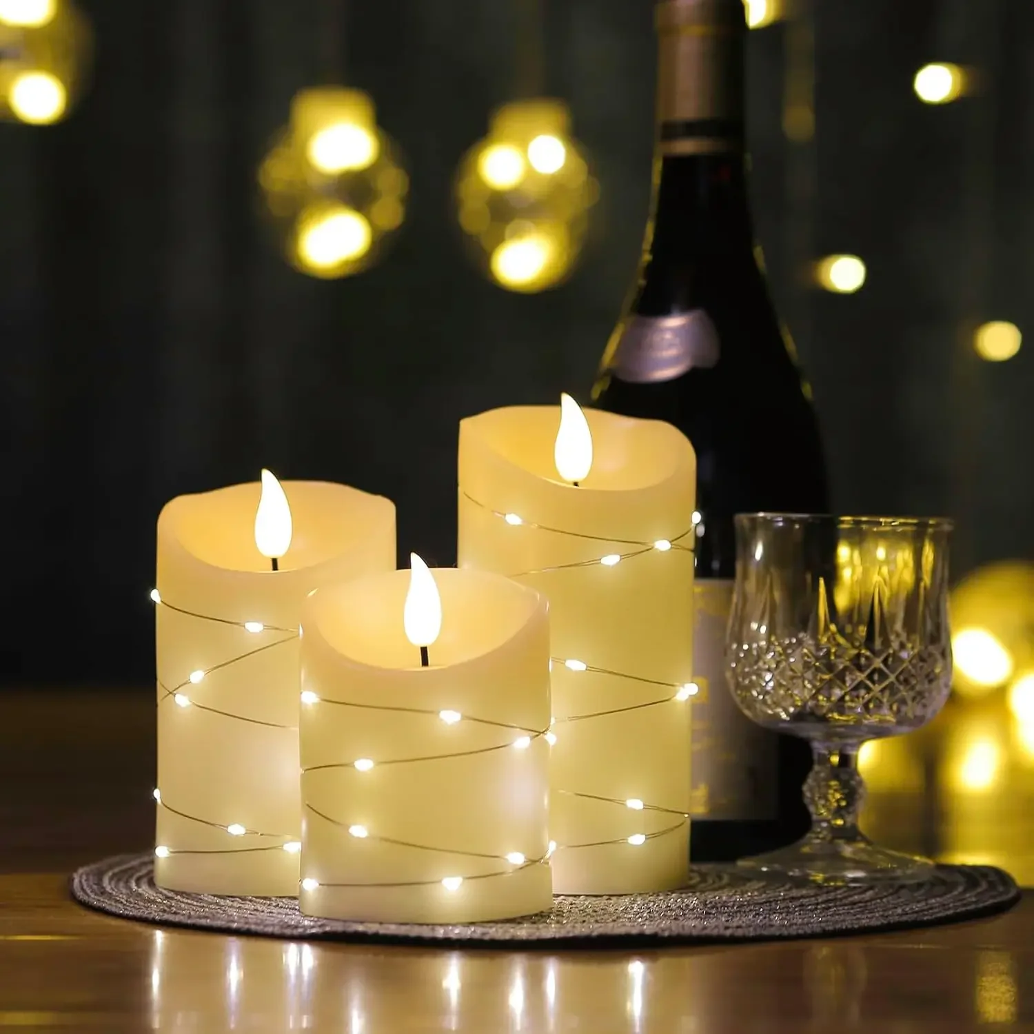 3pcs Flameless LED Candles Lights Simulation Flickering Pillar Candles Tealight with String Lights for Halloween Wedding Decor