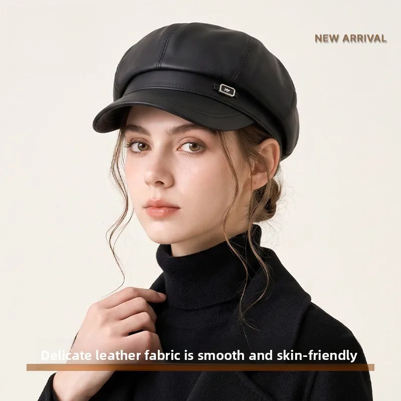 Premium Retro Matte PU Leather Octagonal Hat Female Elegant Face Small British Painter Hat Autumn and Winter New Beret