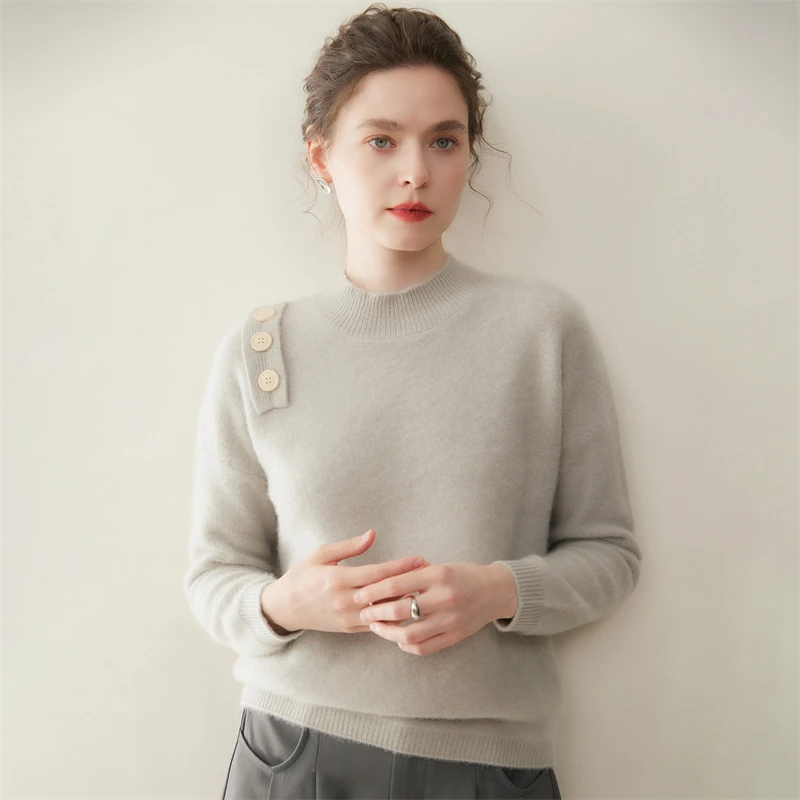 

Women's Mock Neck Cashmere Sweater Shoulder Button Decoration Pullover Thick Loose 100% Cashmere Knitwear Autumn Winter Soft Top
