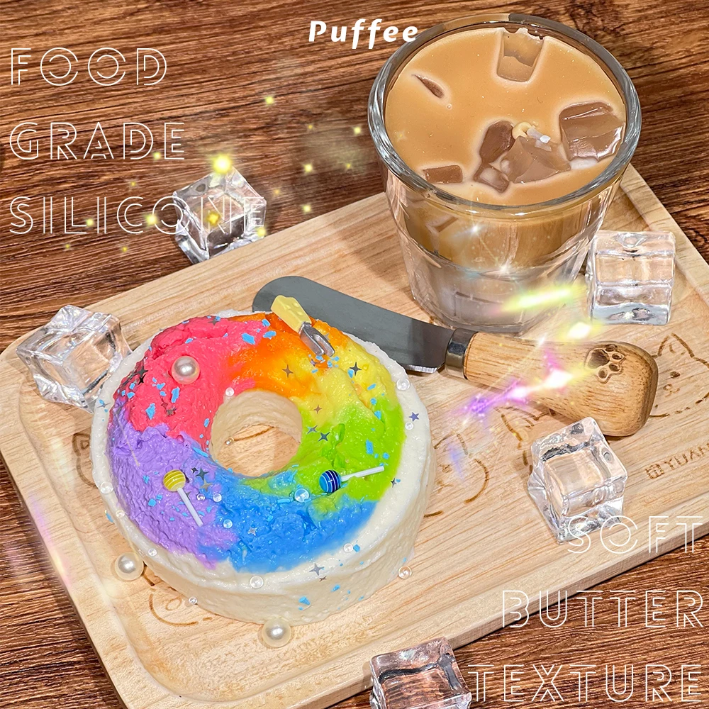 Regenbogen-Bagel-Squishy aus lebensmittelechtem Silikon, cremiges weiches Klebespielzeug, Taba-Squishy, Happy Game Kneifbrot-Spielzeug, geeignet für B