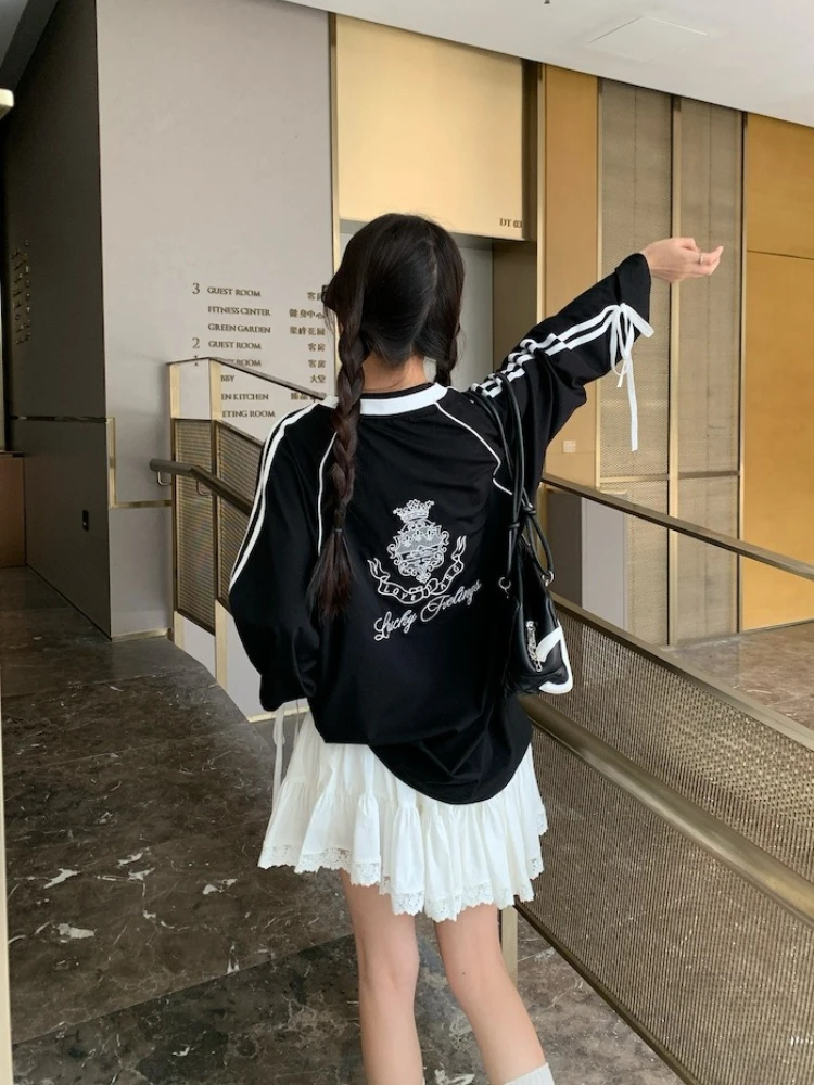 Y2k Aesthetic Oversized V-neck Black Jersey Tops Women's Lace Up Streetwear Hoody Harajuku Vintage Stripe Long Sleeve Sweatshirt