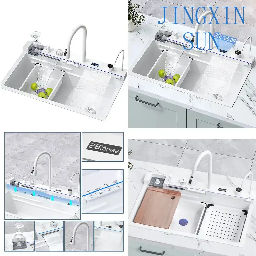 Stainless Steel Single Bowl Kitchen Sink with Digital Display Honeycomb Nano Surface for Modern Marbled White Workstation