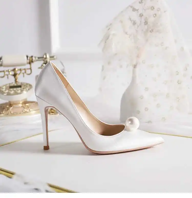 Women Pumps 2024 New Fashion Women\'s Shoes Pointed White Pearl High Heels 8cm Stiletto Red Bridal Wedding Pary Shoes