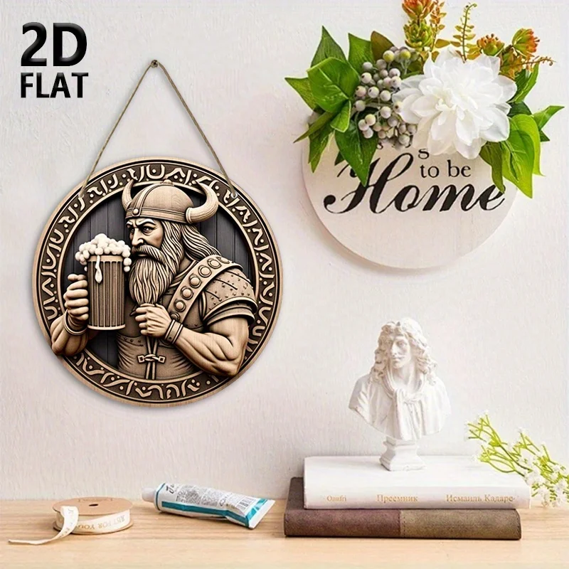 2D Flat - Viking-Themed 2D Flat Wall Art - 19.99cm Round Wooden Sign with Bearded Man Holding Beer Mug, Ideal for Home & Farm De