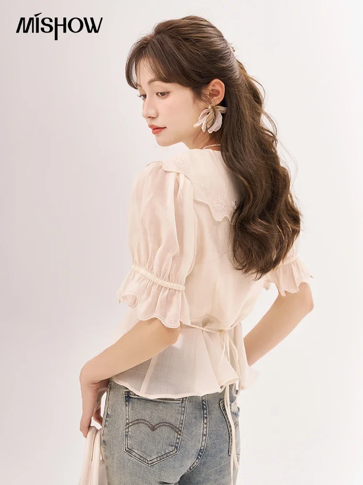 MISHOW [Van Gogh/Sunflower Collection] French Sweet Blouses Summer Puff Sleeve Embroidery Peter Pan Collar Top MXC39X0099