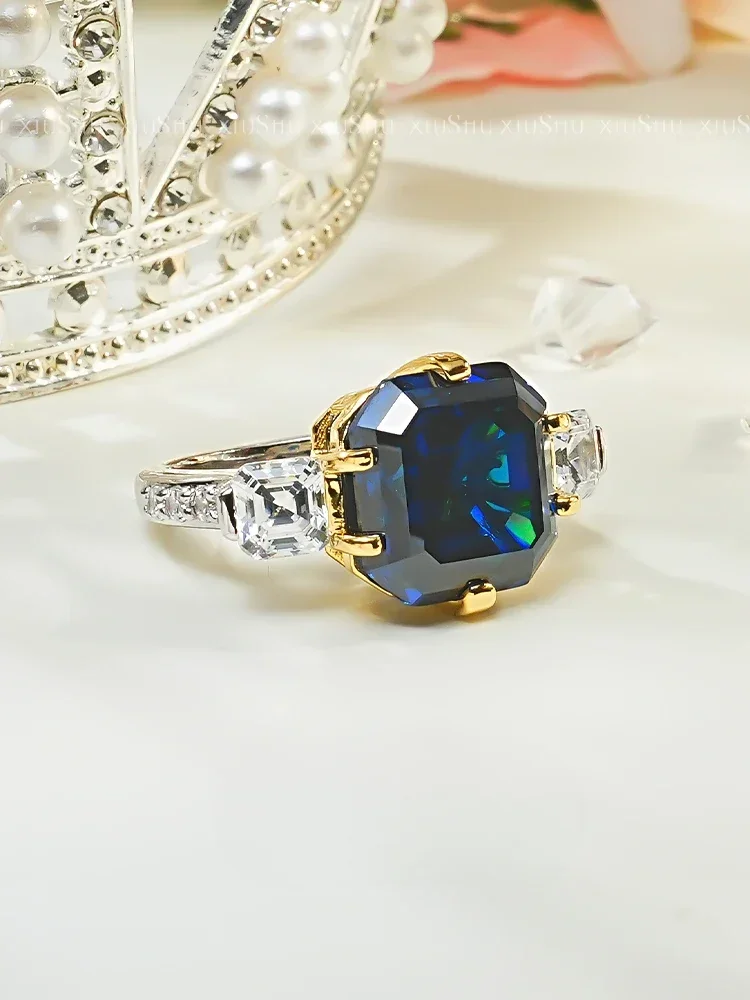 Hip Hop Style 925 Sterling Silver Blue Treasure Ring with High Carbon Diamond Wedding Ring for Women's Jewelry Wedding