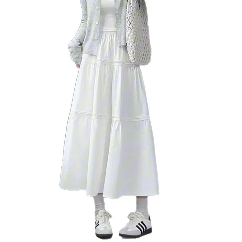 Spódnice Damskie Sukienka Balowa z Elastyczną Talią Spódnica Linia Luźna Y2k Streetwear Spliced Ankle Length Cake Dress 2025 Slight Strech White