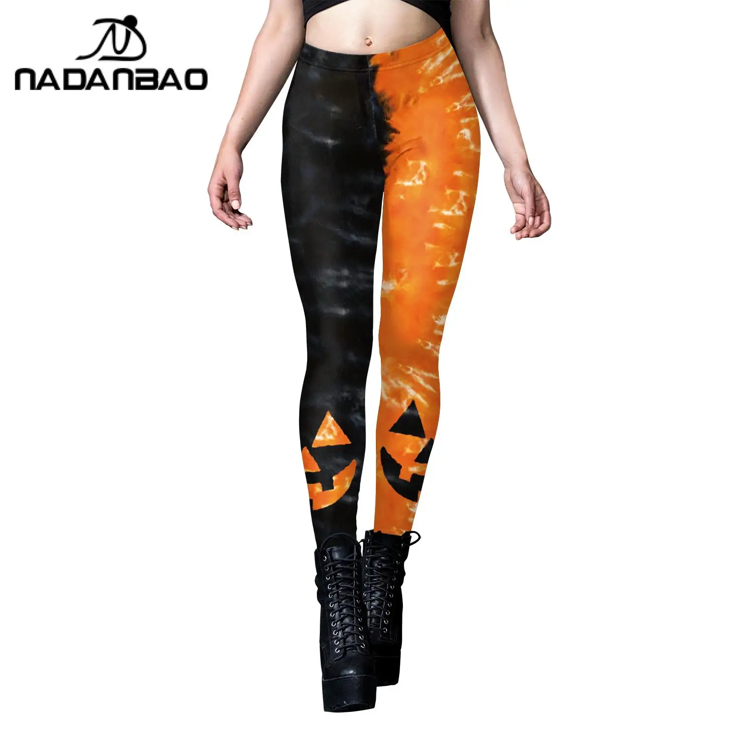 Nadanbao Halloween Women's Tight Pants Black Orange Pumpkin Smiling Face 3D Digital Printing Sports Fitness Yoga Leggings