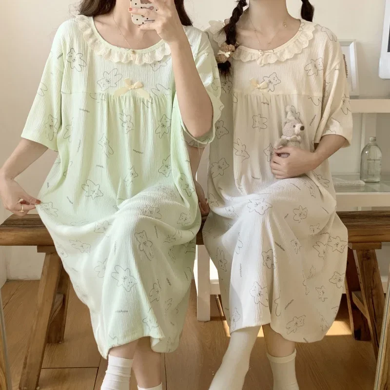 Plus Size Pajamas Women's Soft Wrinkled Cloth Loose Midi Dress Summer Short Sleeved Lace Fattened Nightgown Comfy Home Clothes