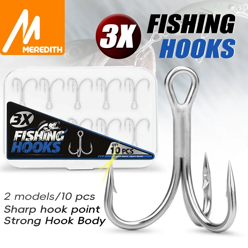 MEREDITH 3X High Strength Fishing Hook 10pcs Super Sharp Treble Hooks
